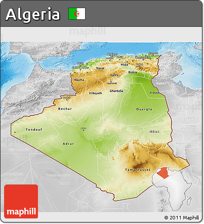 Physical 3D Map of Algeria, lighten, desaturated, land only