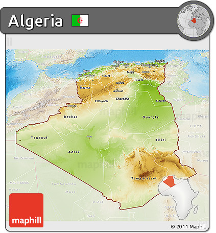 Physical 3D Map of Algeria, lighten, land only