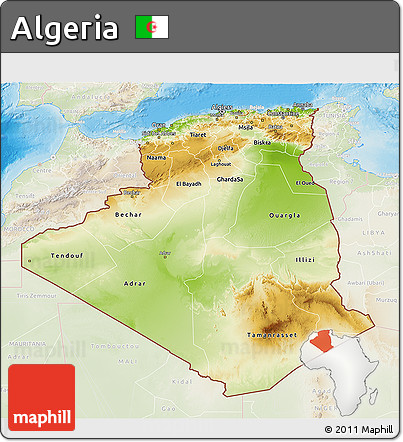 Physical 3D Map of Algeria, lighten, land only