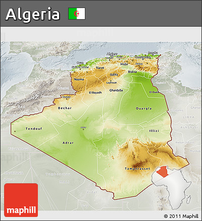 Physical 3D Map of Algeria, lighten, semi-desaturated