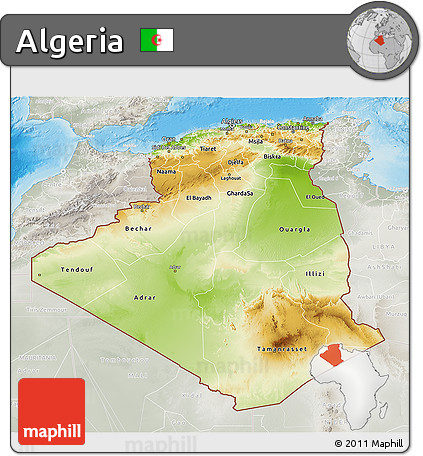 Physical 3D Map of Algeria, lighten, semi-desaturated, land only