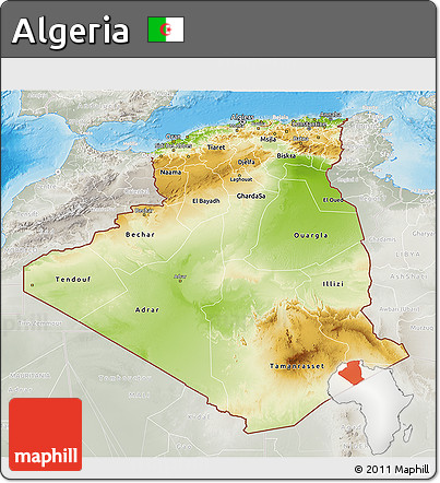 Physical 3D Map of Algeria, lighten, semi-desaturated, land only