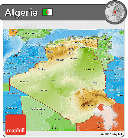 Physical 3D Map of Algeria, political shades outside, shaded relief sea