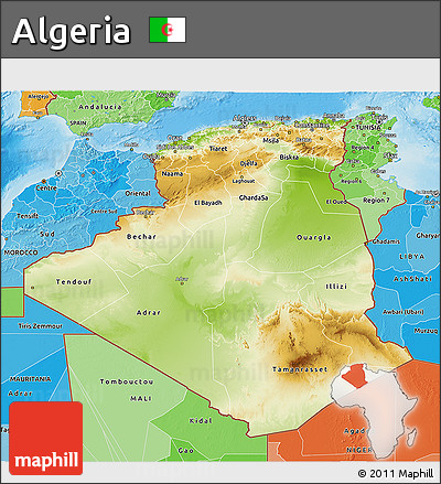 Physical 3D Map of Algeria, political shades outside, shaded relief sea
