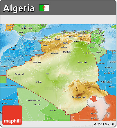 Physical 3D Map of Algeria, political shades outside, shaded relief sea
