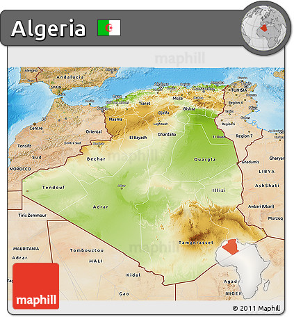 Physical 3D Map of Algeria, satellite outside, shaded relief sea