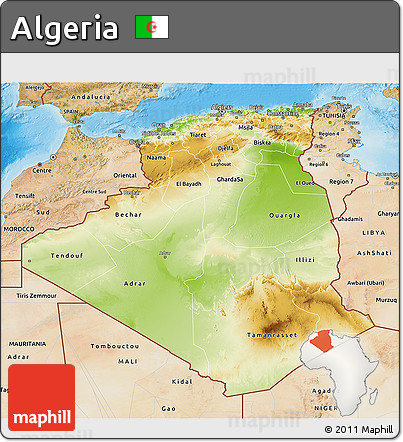 Physical 3D Map of Algeria, satellite outside, shaded relief sea
