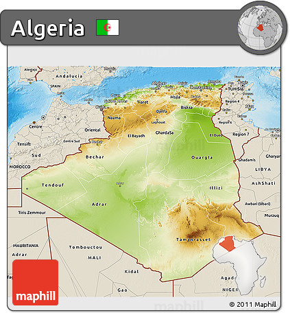 Physical 3D Map of Algeria, shaded relief outside