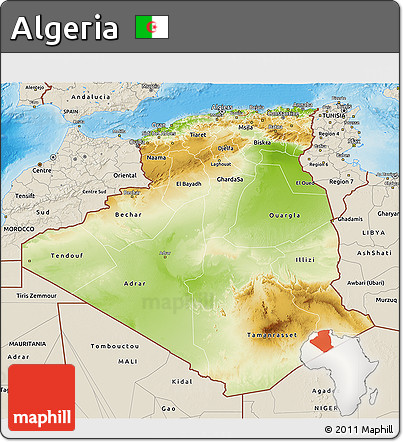 Physical 3D Map of Algeria, shaded relief outside