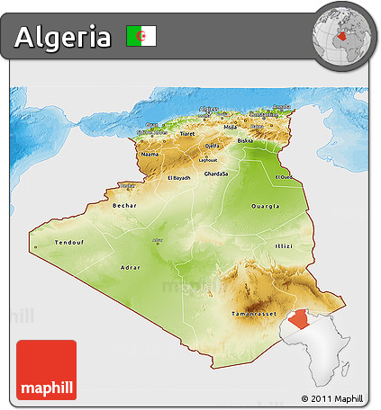 Physical 3D Map of Algeria, single color outside, bathymetry sea, shaded relief sea