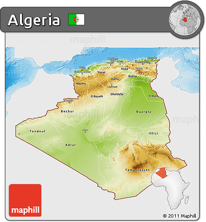 Physical 3D Map of Algeria, single color outside