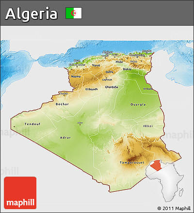 Physical 3D Map of Algeria, single color outside