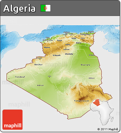 Physical 3D Map of Algeria, single color outside
