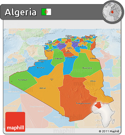 Political 3D Map of Algeria, lighten