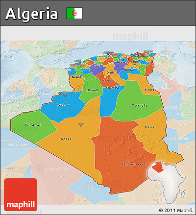 Political 3D Map of Algeria, lighten