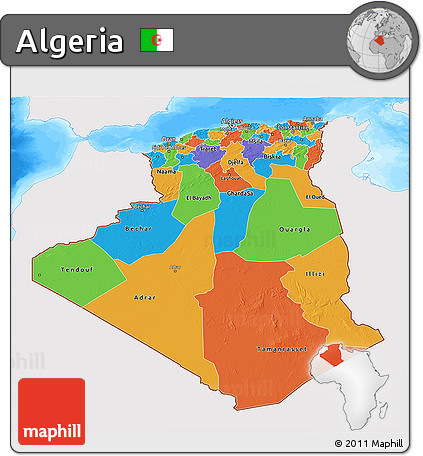 Political 3D Map of Algeria, single color outside, bathymetry sea