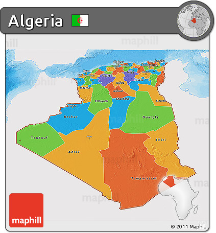 Political 3D Map of Algeria, single color outside