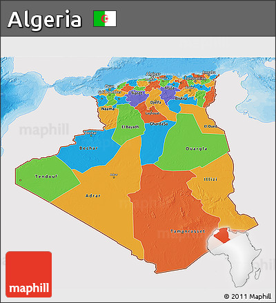 Political 3D Map of Algeria, single color outside