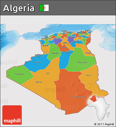 Political 3D Map of Algeria, single color outside, shaded relief sea