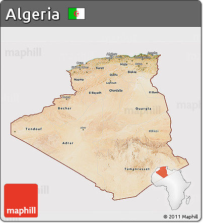 Satellite 3D Map of Algeria, cropped outside