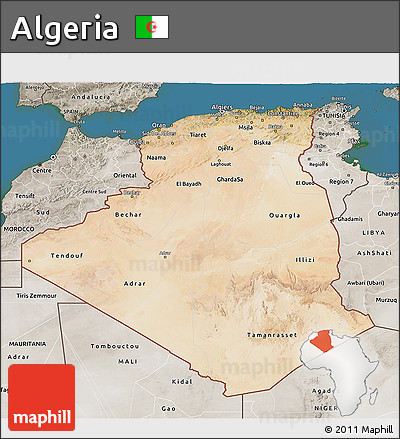 Satellite 3D Map of Algeria, semi-desaturated, land only