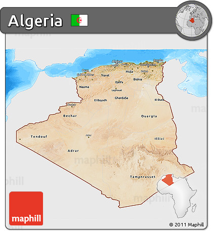 Satellite 3D Map of Algeria, single color outside, bathymetry sea