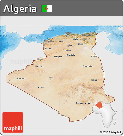 Satellite 3D Map of Algeria, single color outside, bathymetry sea, shaded relief sea