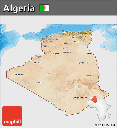 Satellite 3D Map of Algeria, single color outside, bathymetry sea, shaded relief sea