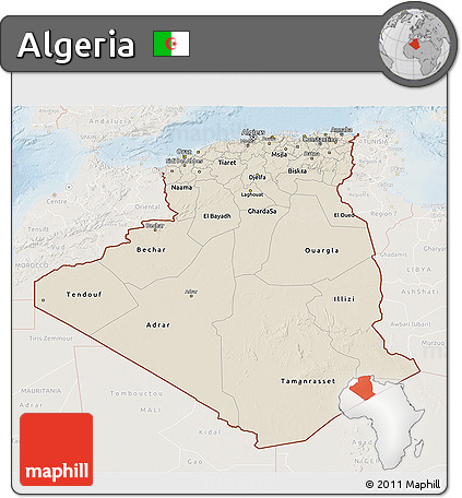 Shaded Relief 3D Map of Algeria, lighten