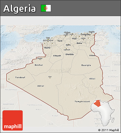 Shaded Relief 3D Map of Algeria, lighten