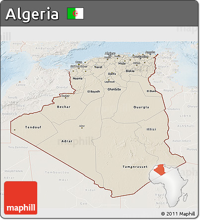 Shaded Relief 3D Map of Algeria, lighten