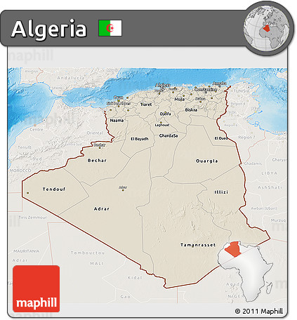 Shaded Relief 3D Map of Algeria, lighten, land only