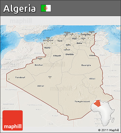 Shaded Relief 3D Map of Algeria, lighten, land only