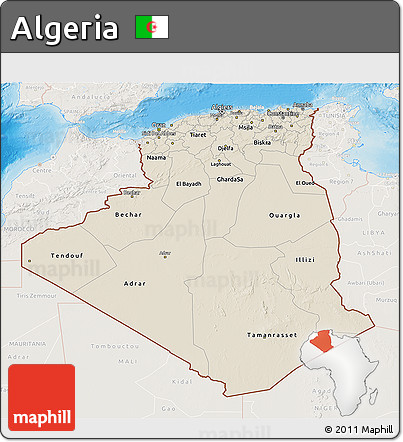 Shaded Relief 3D Map of Algeria, lighten, land only