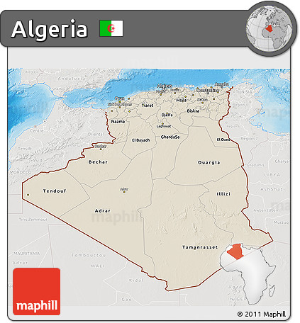 Shaded Relief 3D Map of Algeria, lighten, semi-desaturated, land only
