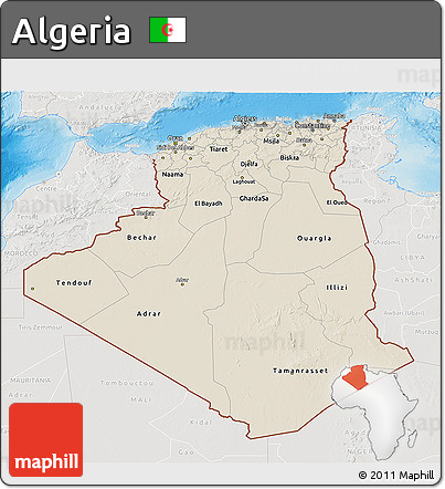 Shaded Relief 3D Map of Algeria, lighten, semi-desaturated, land only