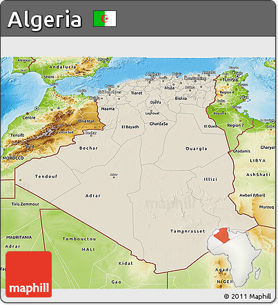 Shaded Relief 3D Map of Algeria, physical outside