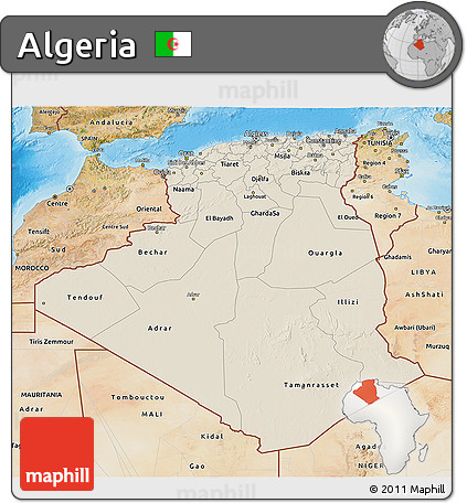 Shaded Relief 3D Map of Algeria, satellite outside, shaded relief sea