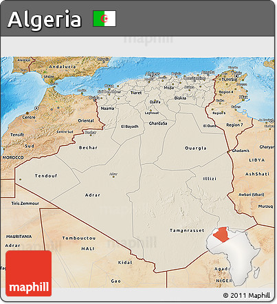 Shaded Relief 3D Map of Algeria, satellite outside, shaded relief sea