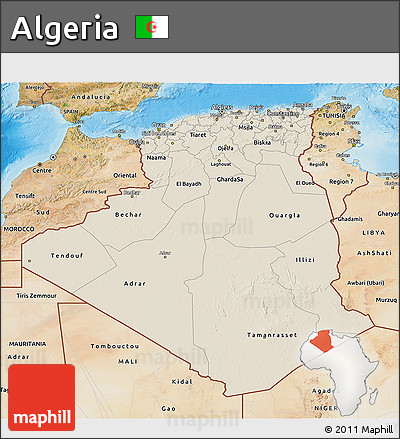 Shaded Relief 3D Map of Algeria, satellite outside, shaded relief sea