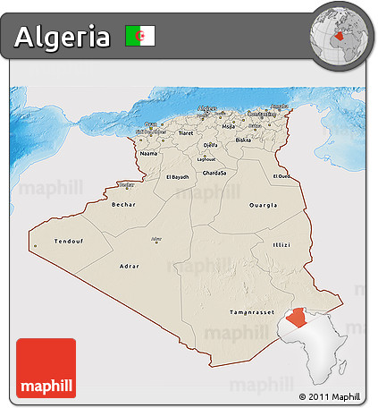 Shaded Relief 3D Map of Algeria, single color outside