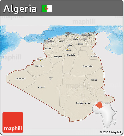 Shaded Relief 3D Map of Algeria, single color outside