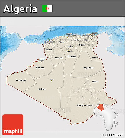 Shaded Relief 3D Map of Algeria, single color outside