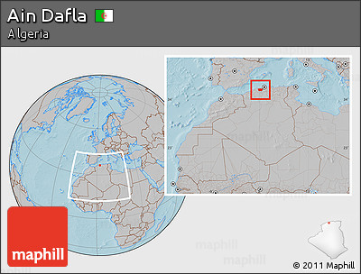 Gray Location Map of Ain Dafla, within the entire country, hill shading