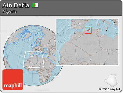 Gray Location Map of Ain Dafla, within the entire country, hill shading