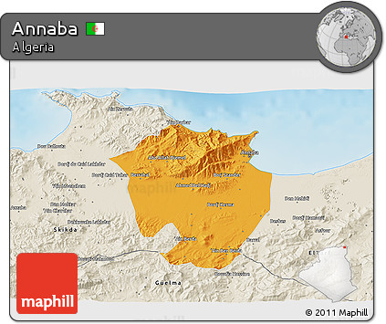 Political 3D Map of Annaba, shaded relief outside