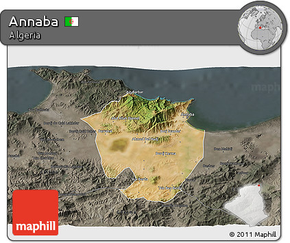 Satellite 3D Map of Annaba, darken, semi-desaturated