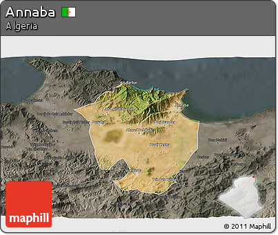 Satellite 3D Map of Annaba, darken, semi-desaturated