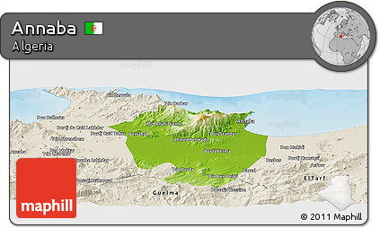 Physical Panoramic Map of Annaba, shaded relief outside