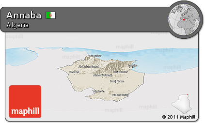 Shaded Relief Panoramic Map of Annaba, single color outside